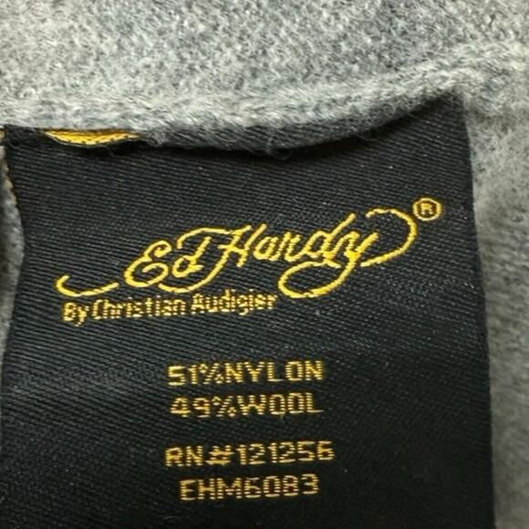 NWT Ed Hardy Mens Patch Knitted Striped Zip Up Hoodie Sweater Gray Size‎ L - Picture 6 of 9